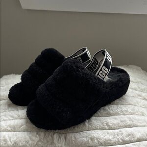 UGG Black Fluffy Slippers
